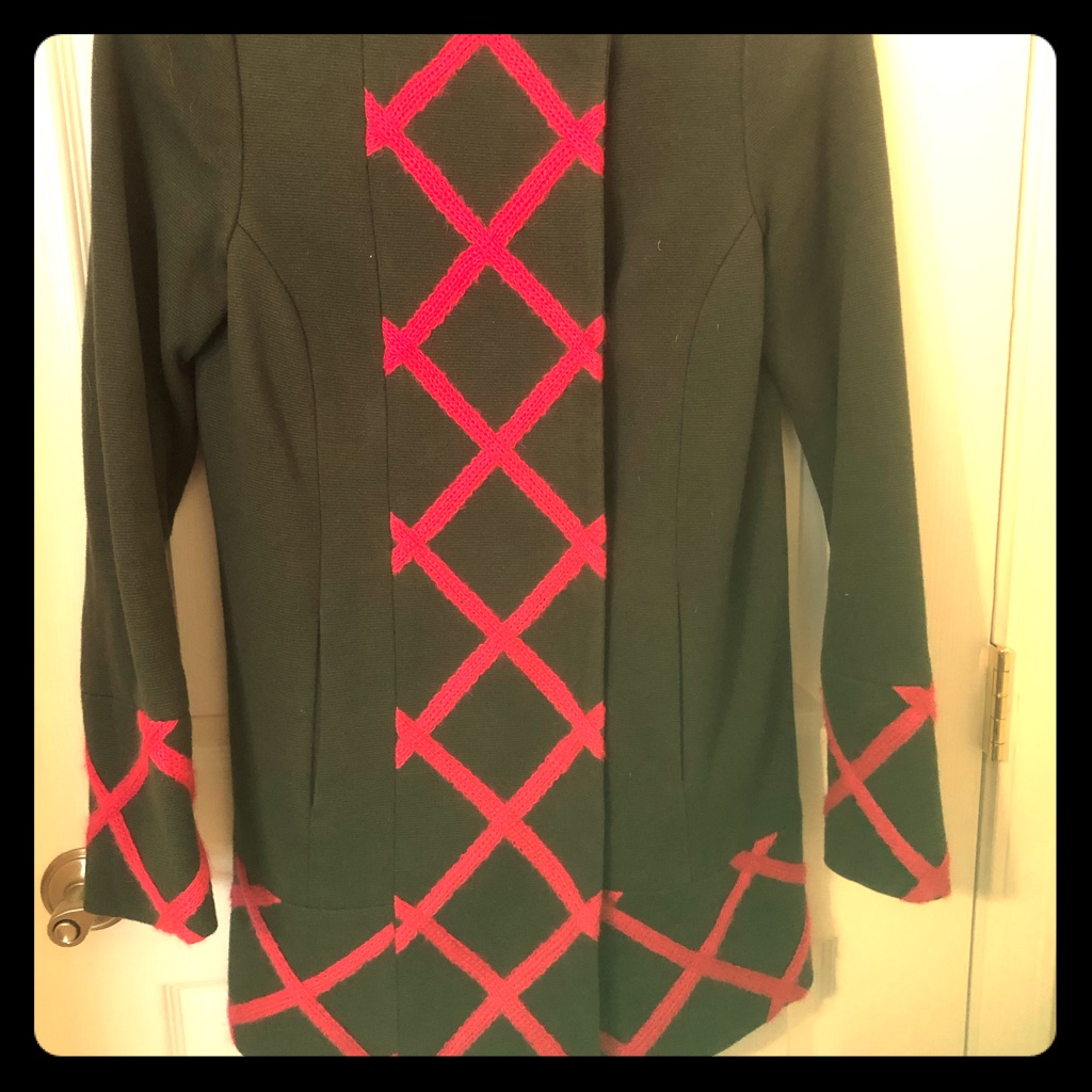 Anthropologie Dark Green And Pink Lattice Jacket